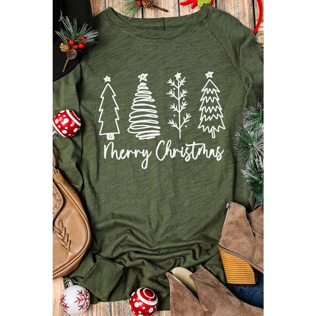 Thea Merry Christmas Trees Thumbhole Sleeve Graphic Tee | Threaded Pear