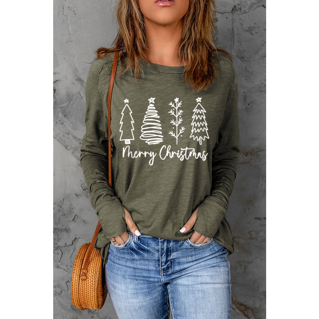 Thea Merry Christmas Trees Thumbhole Sleeve Graphic Tee | Threaded Pear