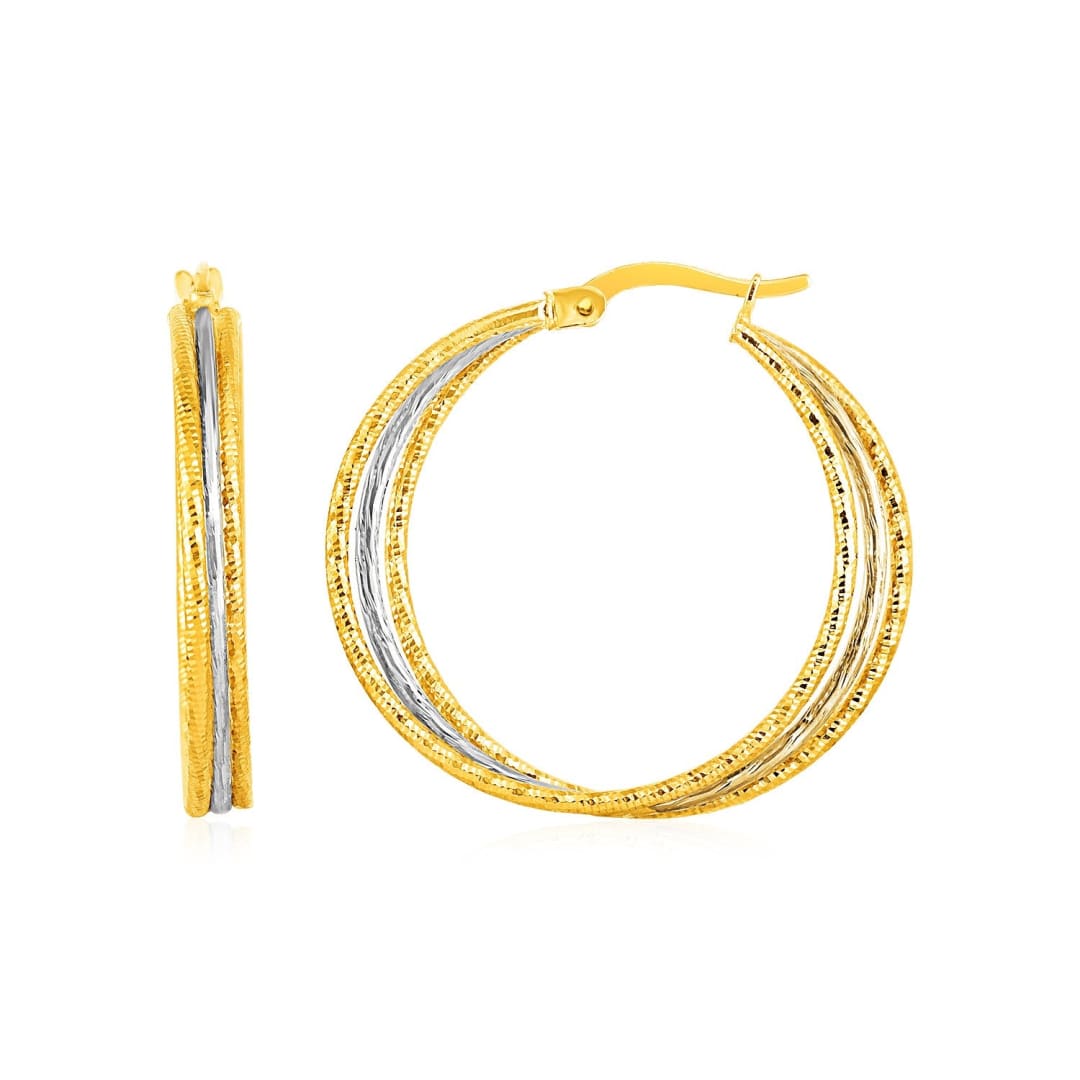 Three Part Textured Hoop Earrings in 14k Yellow and White Gold | Richard Cannon Jewelry