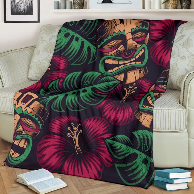 Tiki Mask Polynesia Style Tropical Flowers Premium Blanket | The Urban Clothing Shop™