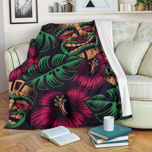 Tiki Mask Polynesia Style Tropical Flowers Premium Blanket | The Urban Clothing Shop™