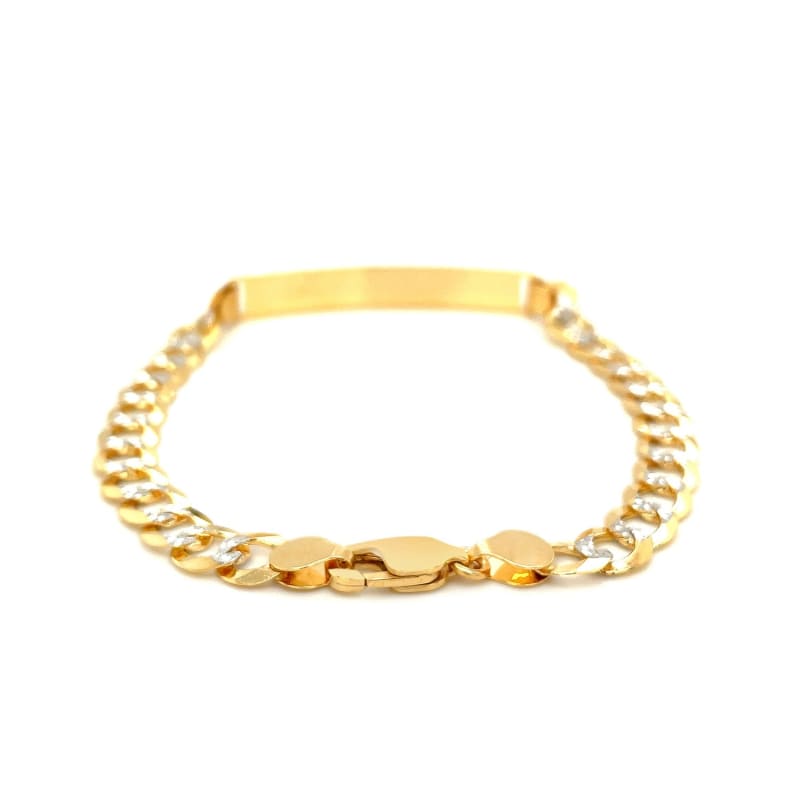 14k Two Tone Gold 8 1/2 inch Mens Narrow Curb Chain ID Bracelet with White Pave | Richard
