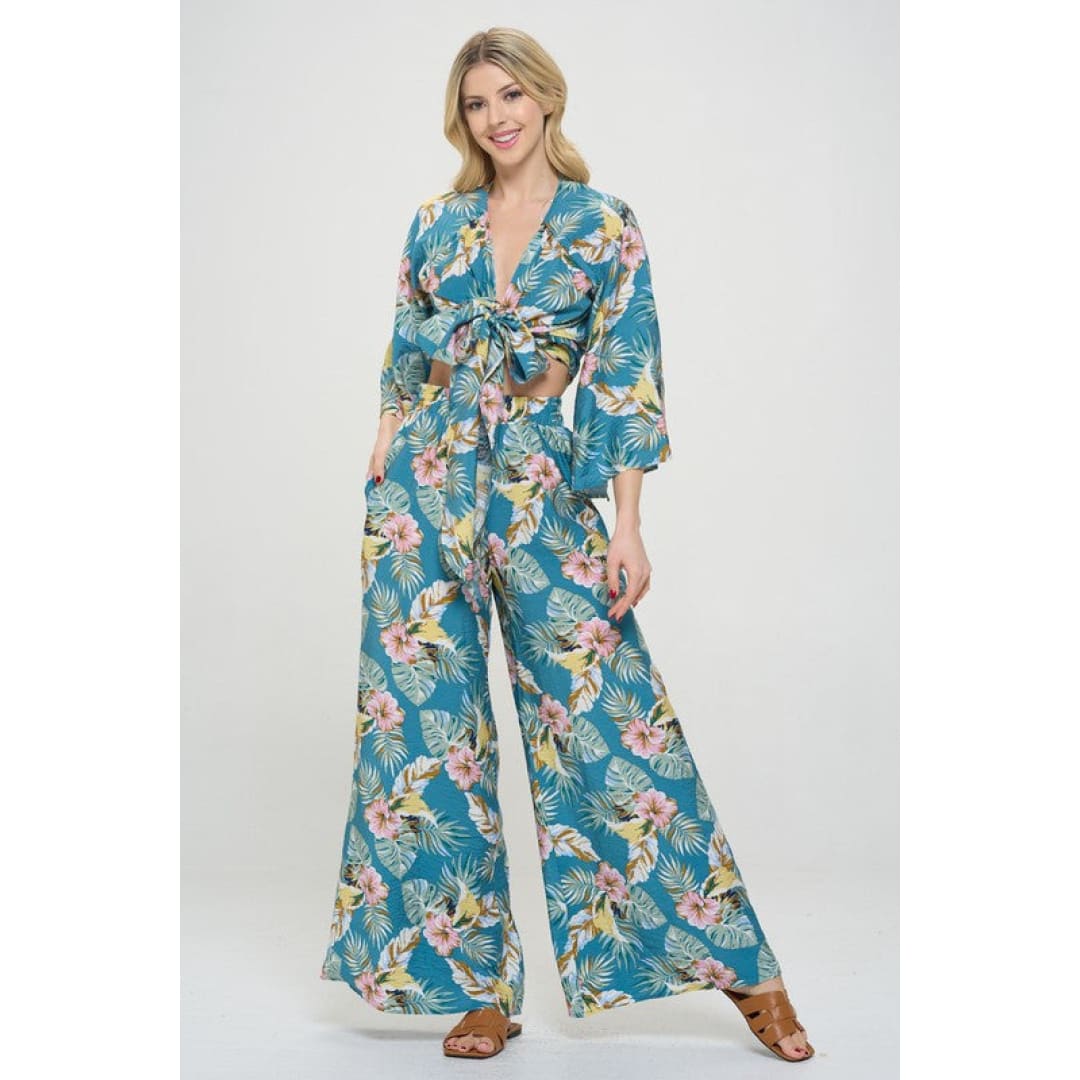 Tropical Print Wide Leg Pants with Pockets | The Urban Clothing Shop™