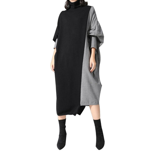 TUCS Turtleneck Korean Style Spliced Knitted Midi Dress | The Urban Clothing Shop™