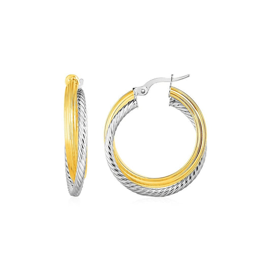 Two Part Textured and Shiny Hoop Earrings in 14k Yellow and White Gold(4x20mm) | Richard