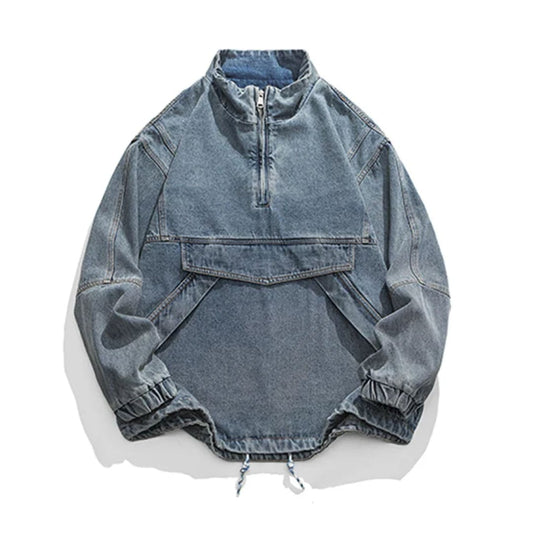 Urban Retro Denim Pullover with Stand Collar and Half-Zip Closure | The Urban Clothing