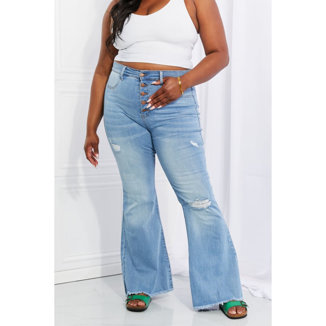 Vibrant MIU Full Size Jess Button Flare Jeans | The Urban Clothing Shop™