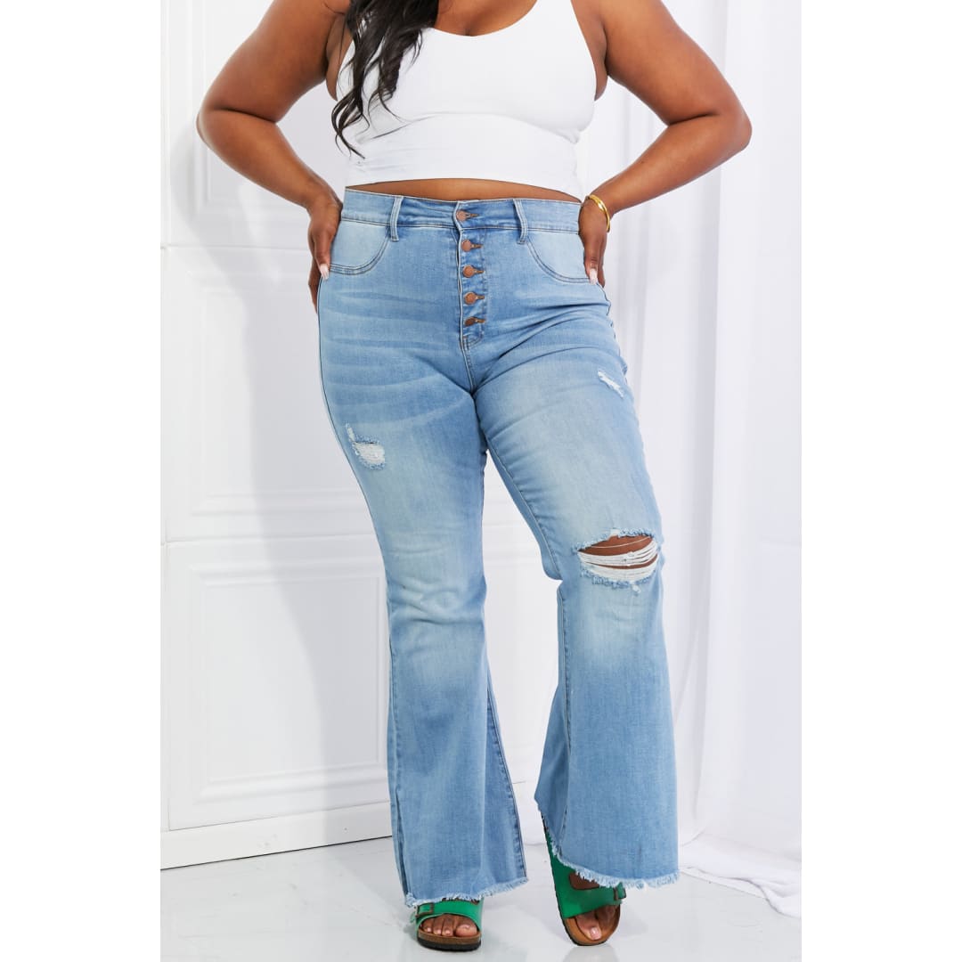 Vibrant MIU Full Size Jess Button Flare Jeans | The Urban Clothing Shop™