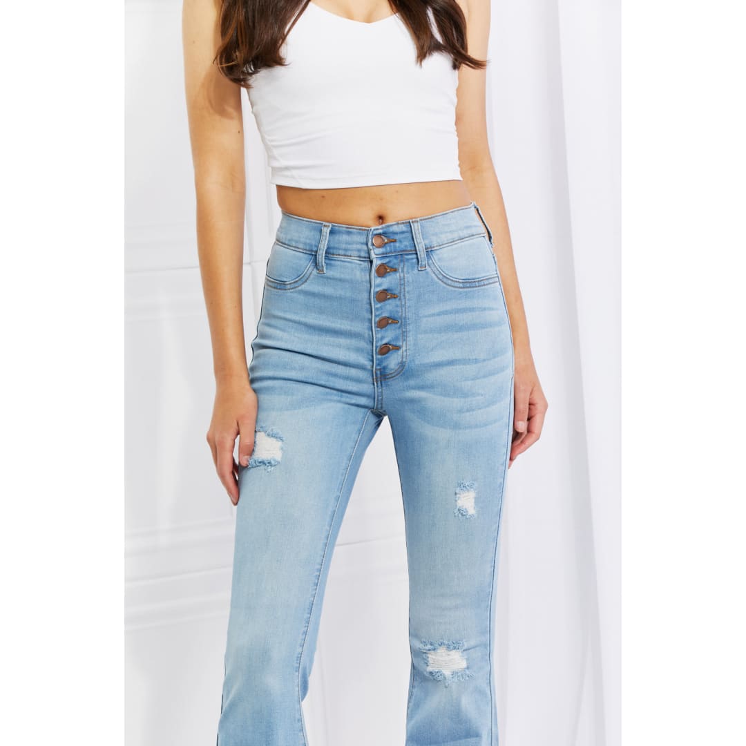 Vibrant MIU Full Size Jess Button Flare Jeans | The Urban Clothing Shop™