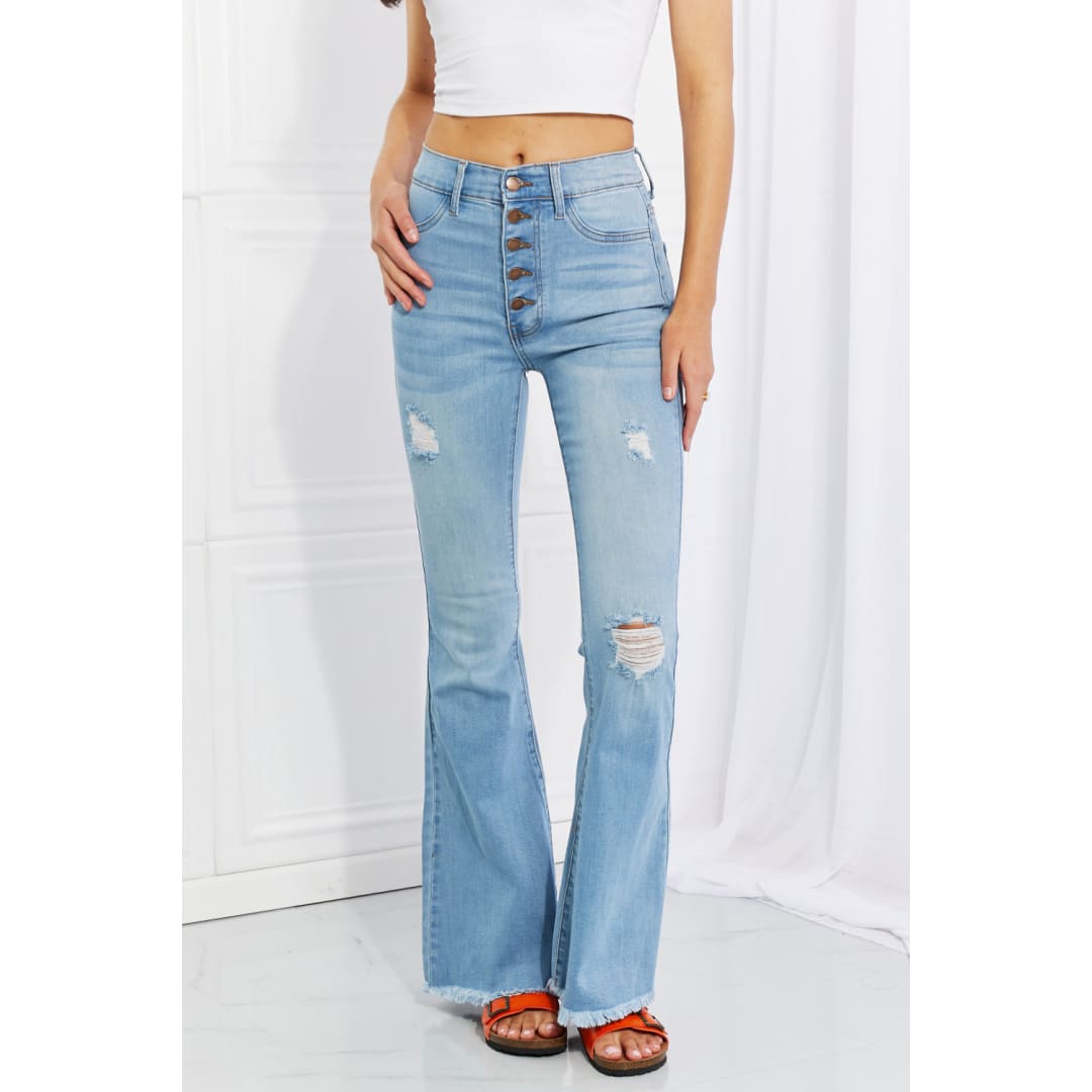 Vibrant MIU Full Size Jess Button Flare Jeans | The Urban Clothing Shop™