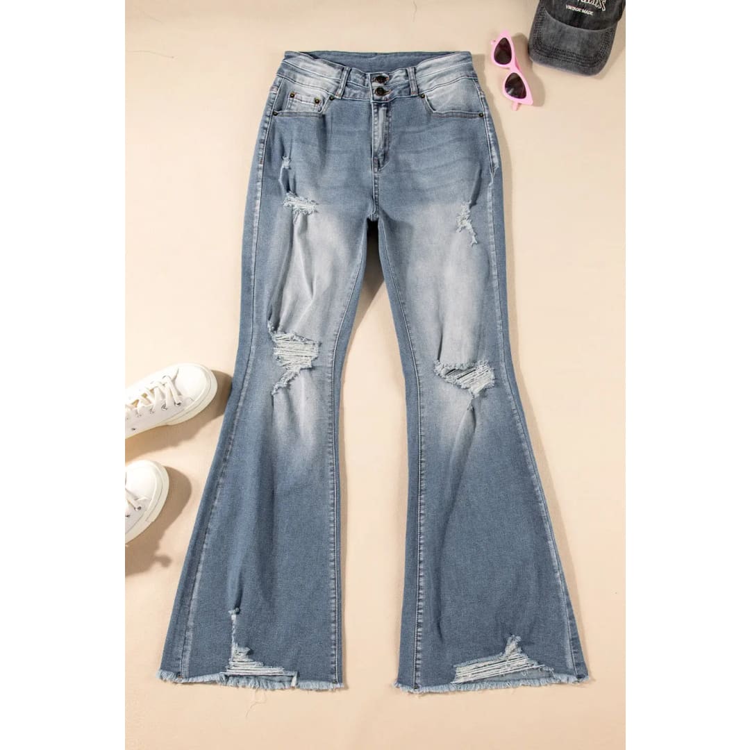 Vintage Light Wash Ripped Raw Edge Flare Jeans | Fashionfitz