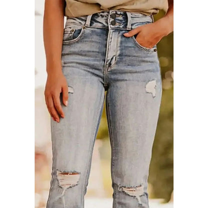 Vintage Light Wash Ripped Raw Edge Flare Jeans | Fashionfitz