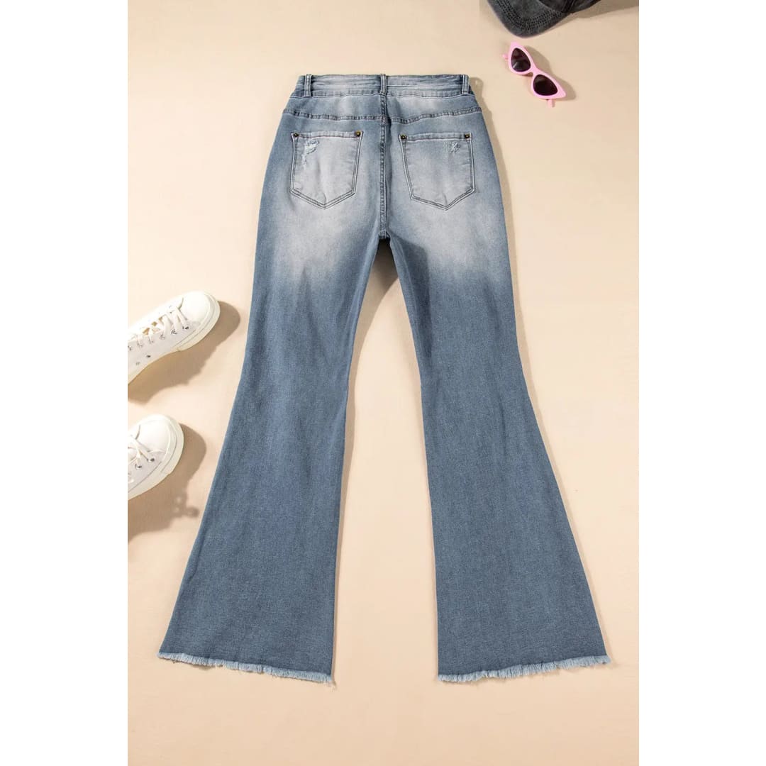 Vintage Light Wash Ripped Raw Edge Flare Jeans | Fashionfitz