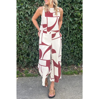 White Abstract Printed Button Back Vest and Wide Leg Pants Set | Fashionfitz