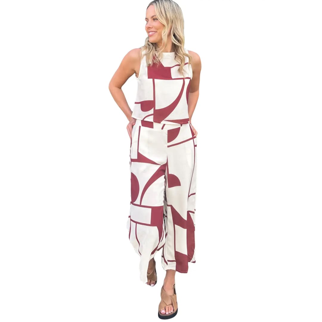 White Abstract Printed Button Back Vest and Wide Leg Pants Set | Fashionfitz