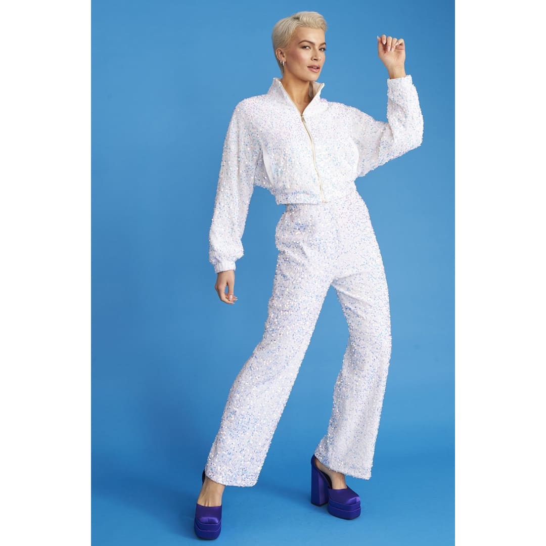 White Bamboo Blend Sequin Trousers | Buy Me Fur Ltd