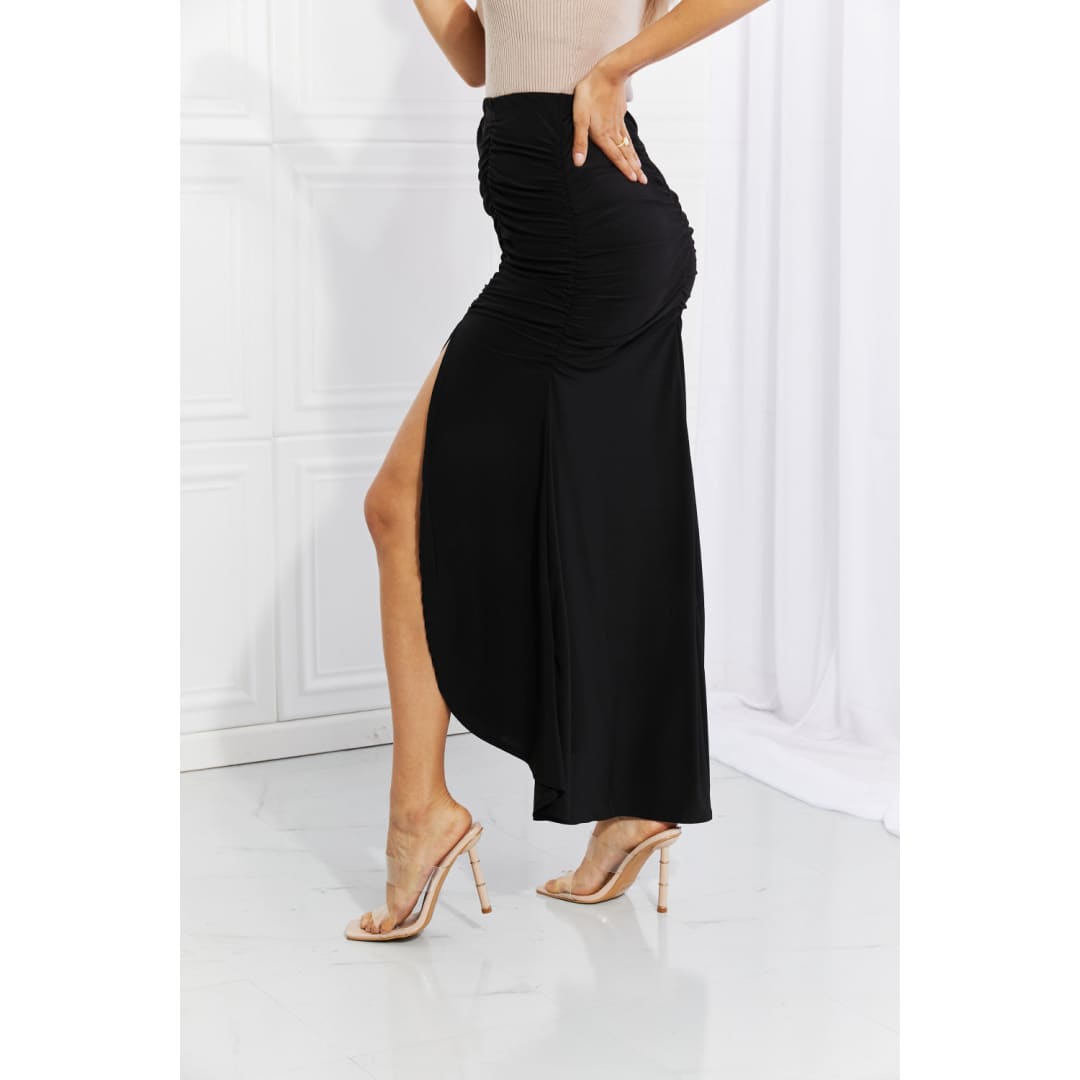 White Birch Full Size Up and Up Ruched Slit Maxi Skirt in Black | The Urban Clothing Shop™