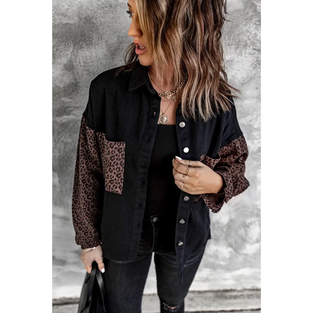 White Contrast Leopard Denim Jacket | Fashionfitz