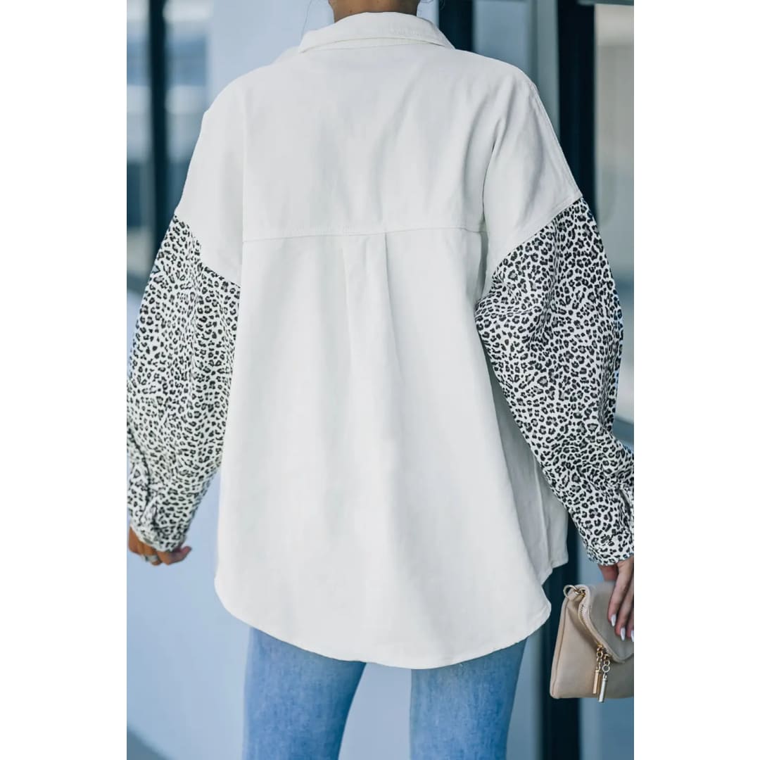 White Contrast Leopard Denim Jacket | Fashionfitz