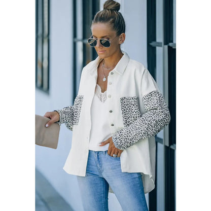 White Contrast Leopard Denim Jacket | Fashionfitz