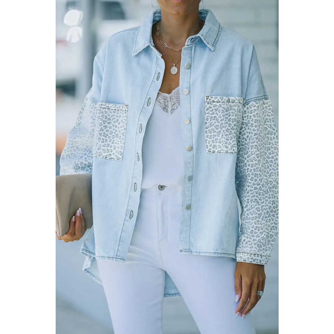 White Contrast Leopard Denim Jacket | Fashionfitz