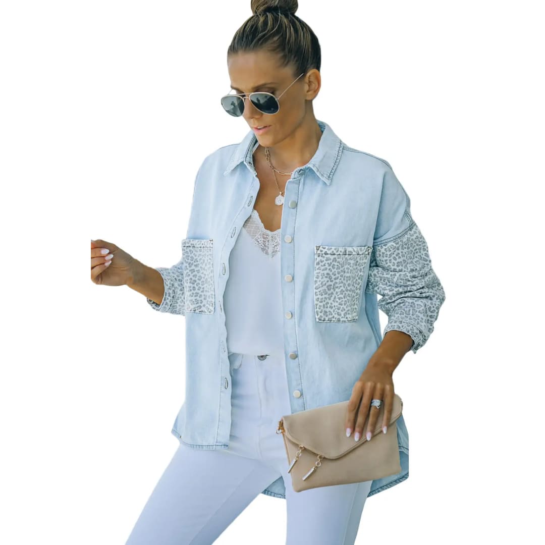 White Contrast Leopard Denim Jacket | Fashionfitz