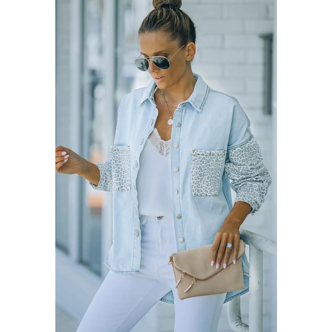 White Contrast Leopard Denim Jacket | Fashionfitz