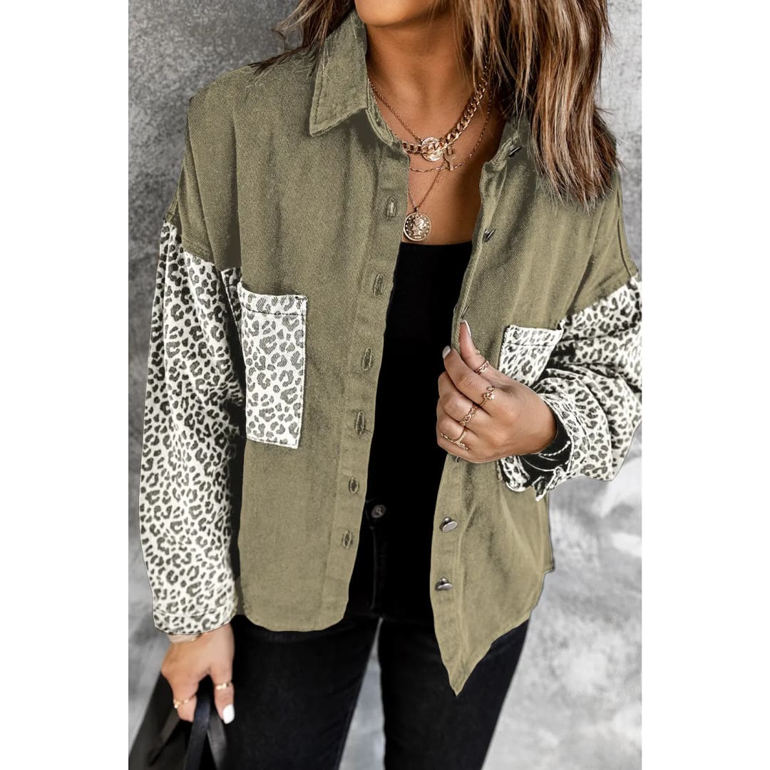 White Contrast Leopard Denim Jacket | Fashionfitz