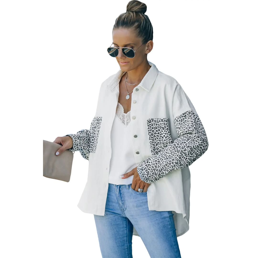 White Contrast Leopard Denim Jacket | Fashionfitz