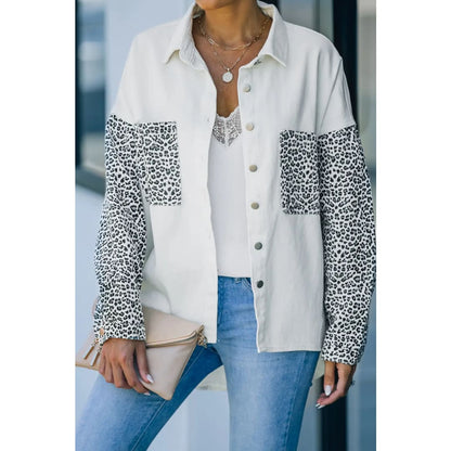 White Contrast Leopard Denim Jacket | Fashionfitz