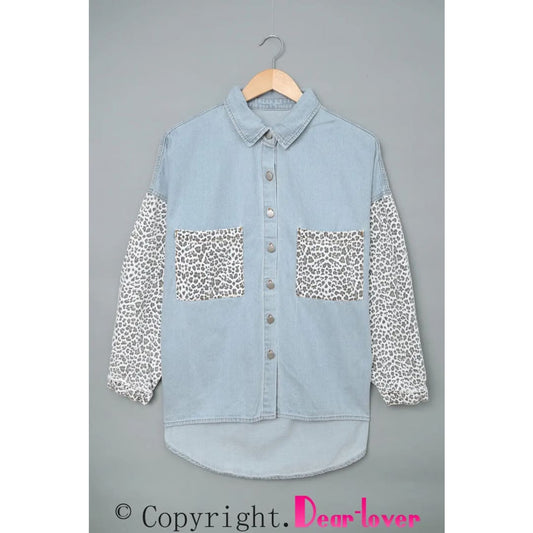 White Contrast Leopard Denim Jacket | Fashionfitz