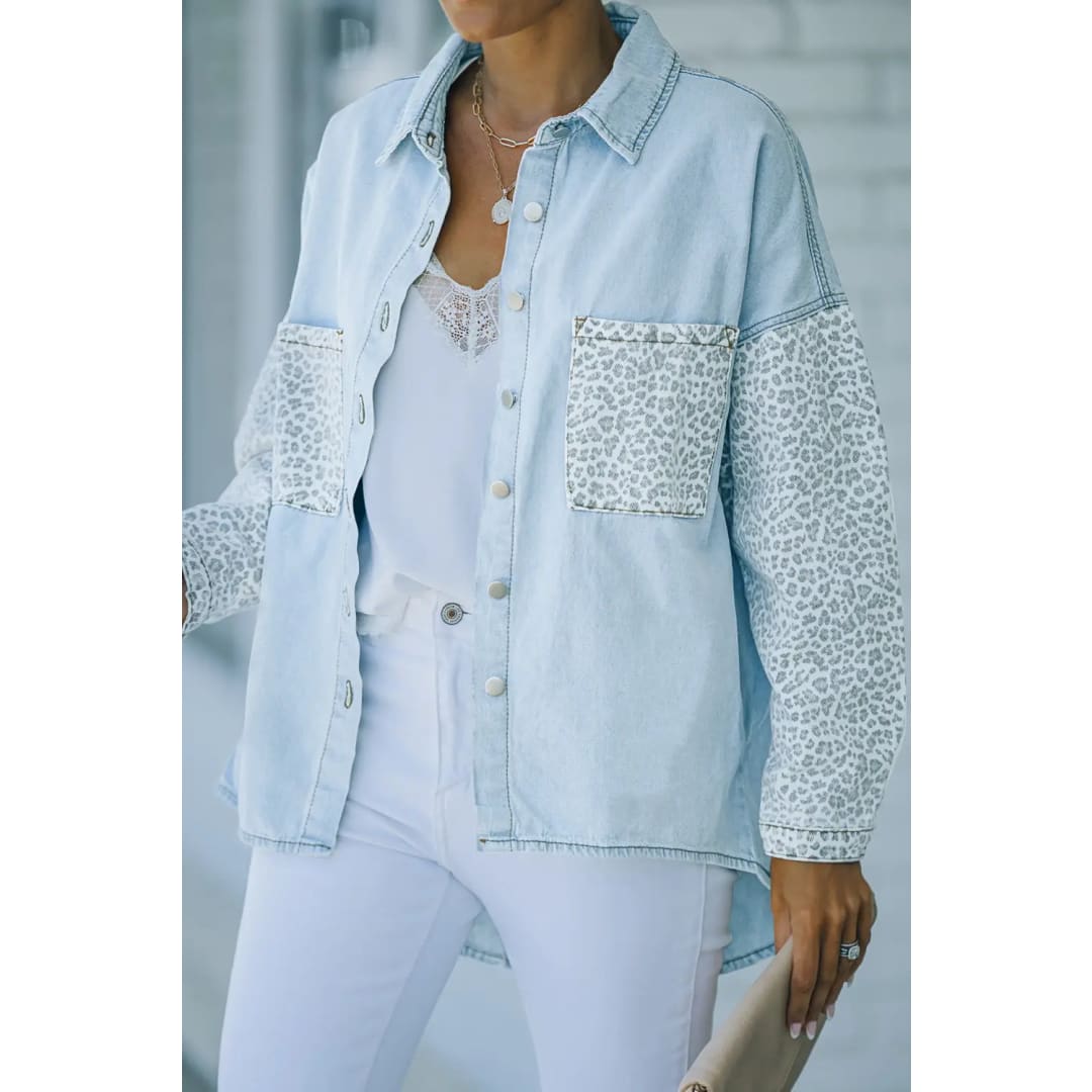 White Contrast Leopard Denim Jacket | Fashionfitz