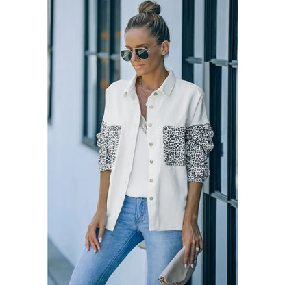 White Contrast Leopard Denim Jacket | Fashionfitz