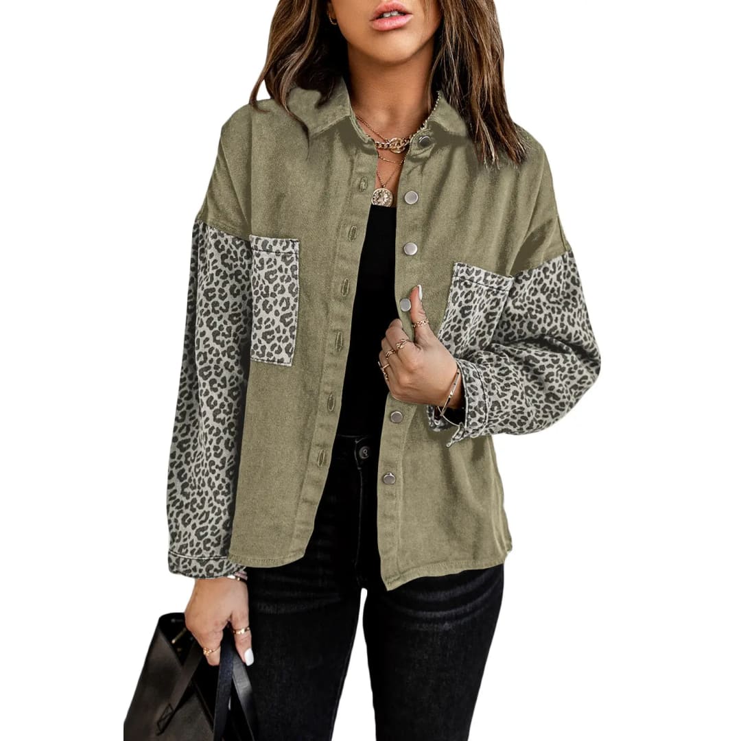 White Contrast Leopard Denim Jacket | Fashionfitz