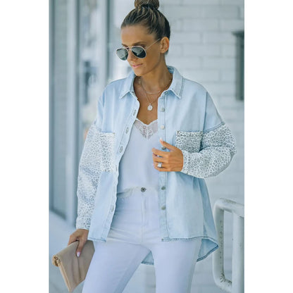 White Contrast Leopard Denim Jacket | Fashionfitz