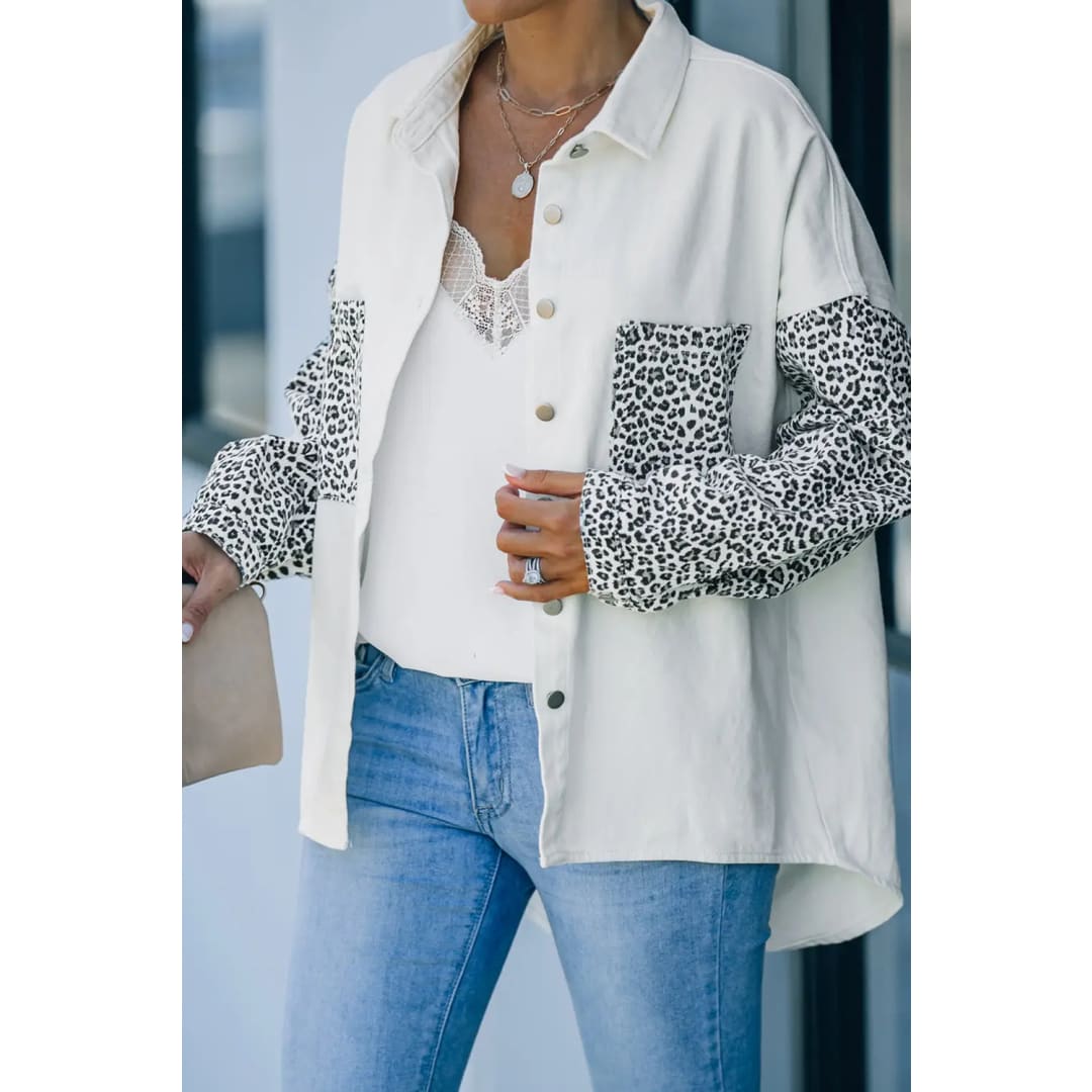 White Contrast Leopard Denim Jacket | Fashionfitz