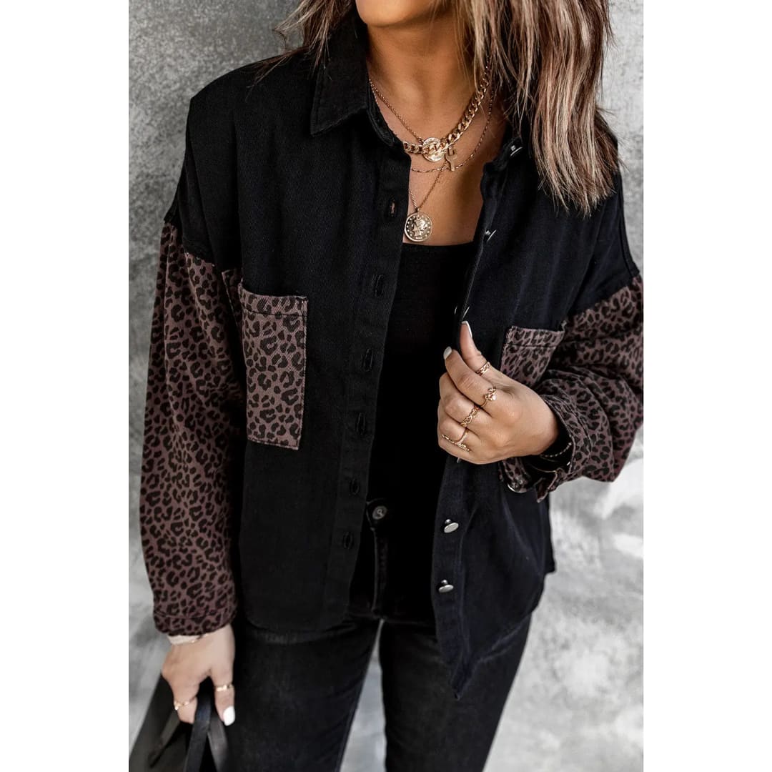 White Contrast Leopard Denim Jacket | Fashionfitz