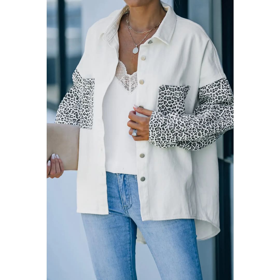 White Contrast Leopard Denim Jacket | Fashionfitz