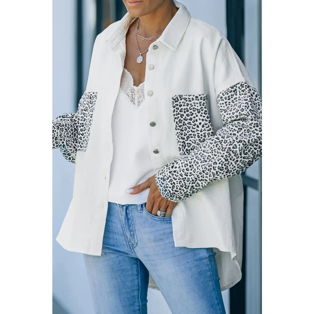 White Contrast Leopard Denim Jacket | Fashionfitz