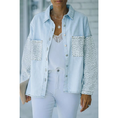 White Contrast Leopard Denim Jacket | Fashionfitz