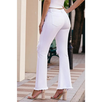 White Distressed Hollow-out Knee Frayed Flare Jeans | Fashionfitz