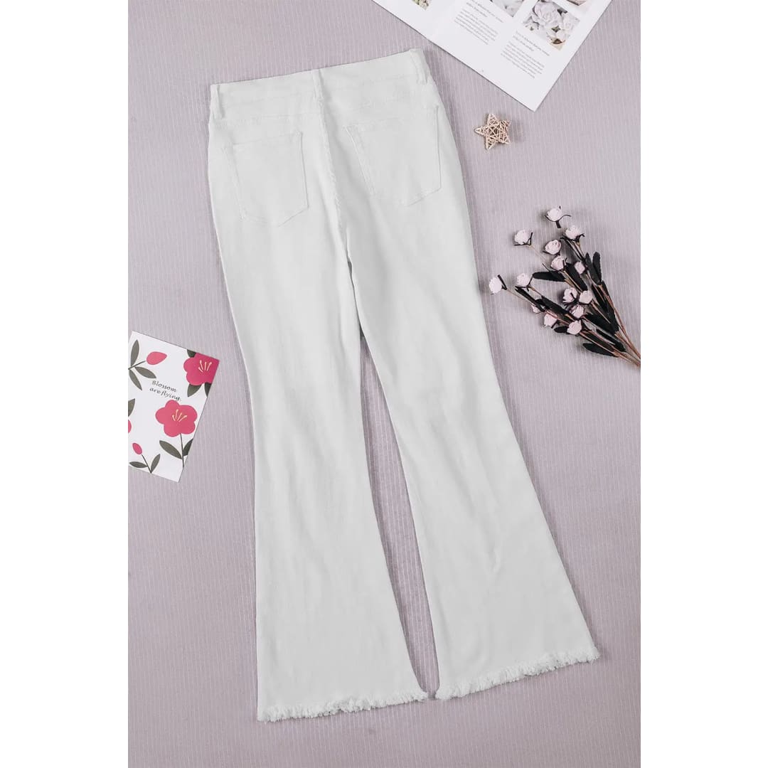 White Distressed Hollow-out Knee Frayed Flare Jeans | Fashionfitz