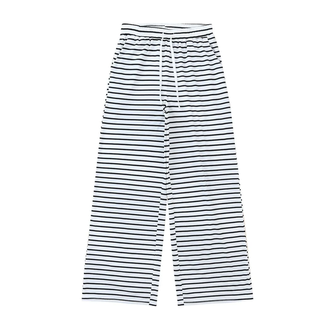 White Drawstring Striped Wide Leg Pants | Fashionfitz