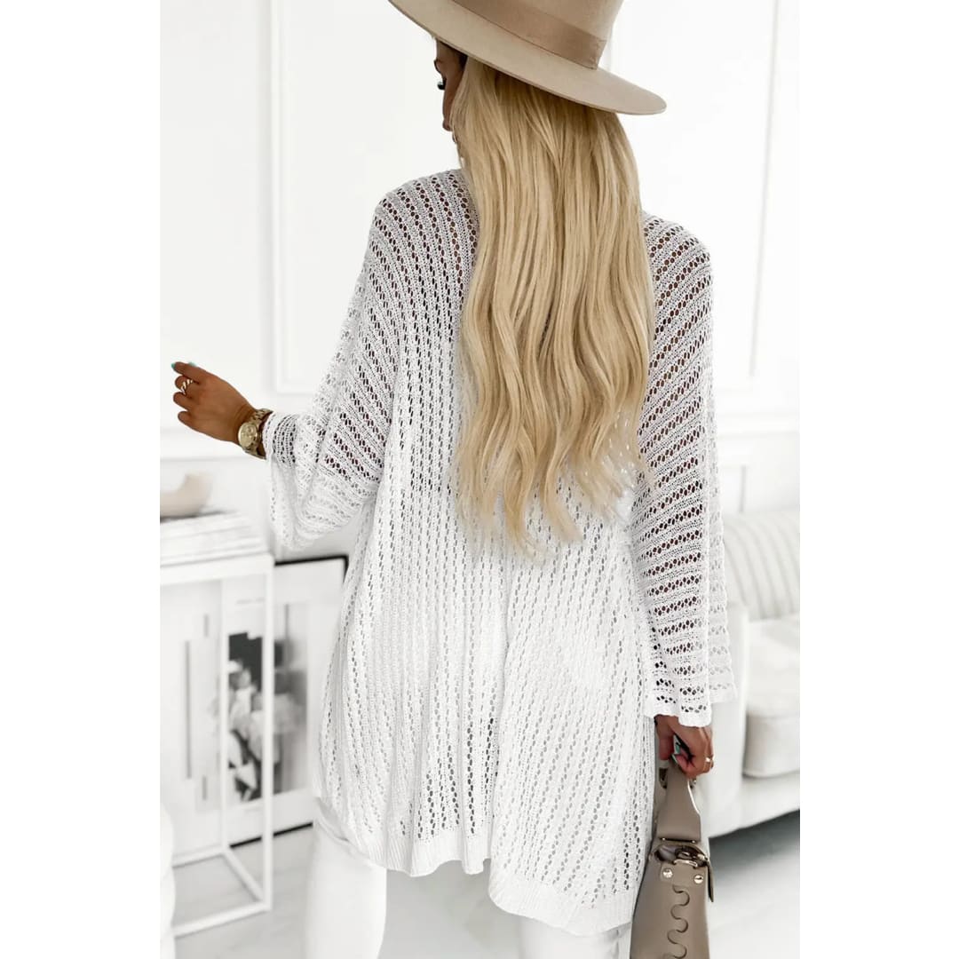 White Hollow-out Knit Kimono Lightweight Cardigan | Fashionfitz