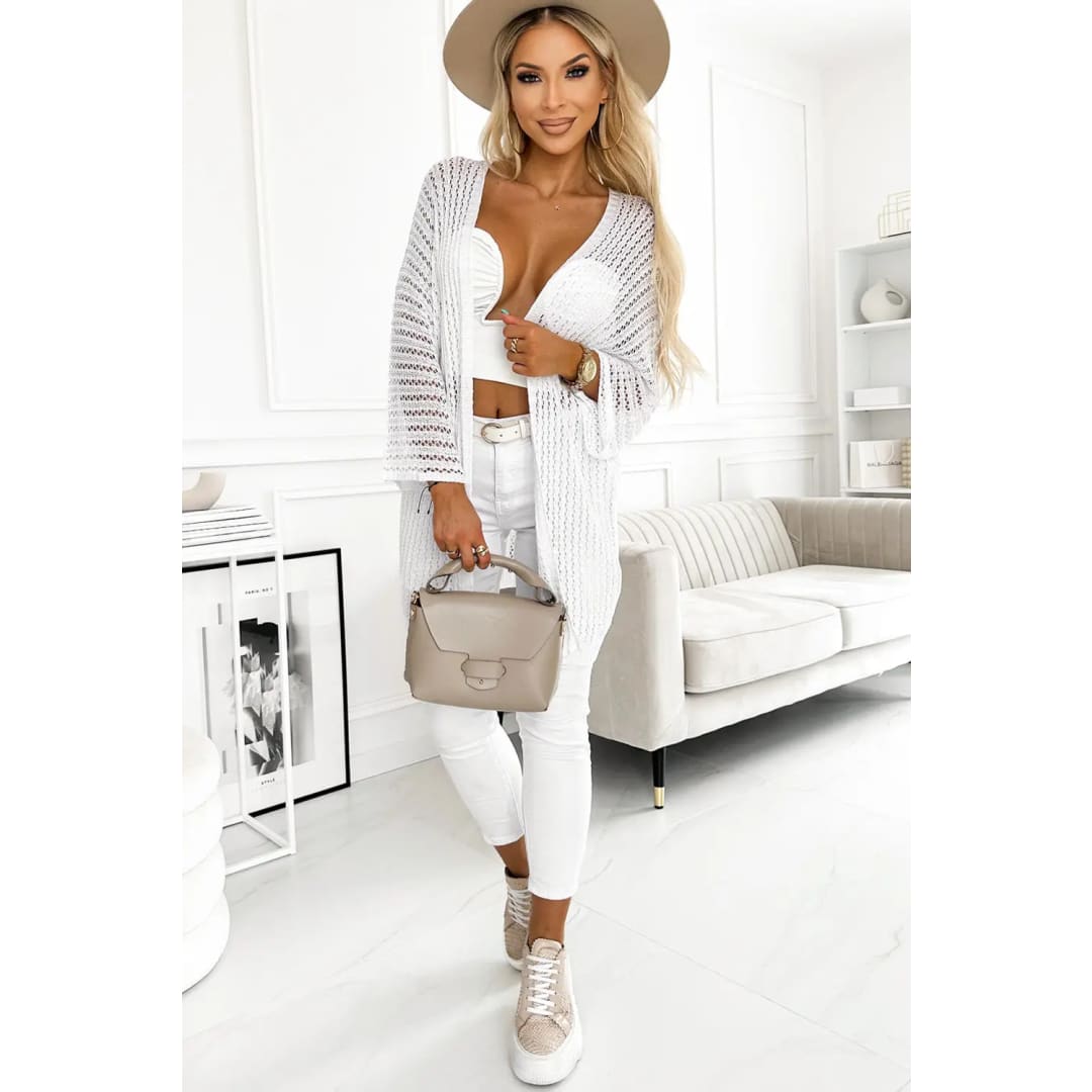 White Hollow-out Knit Kimono Lightweight Cardigan | Fashionfitz