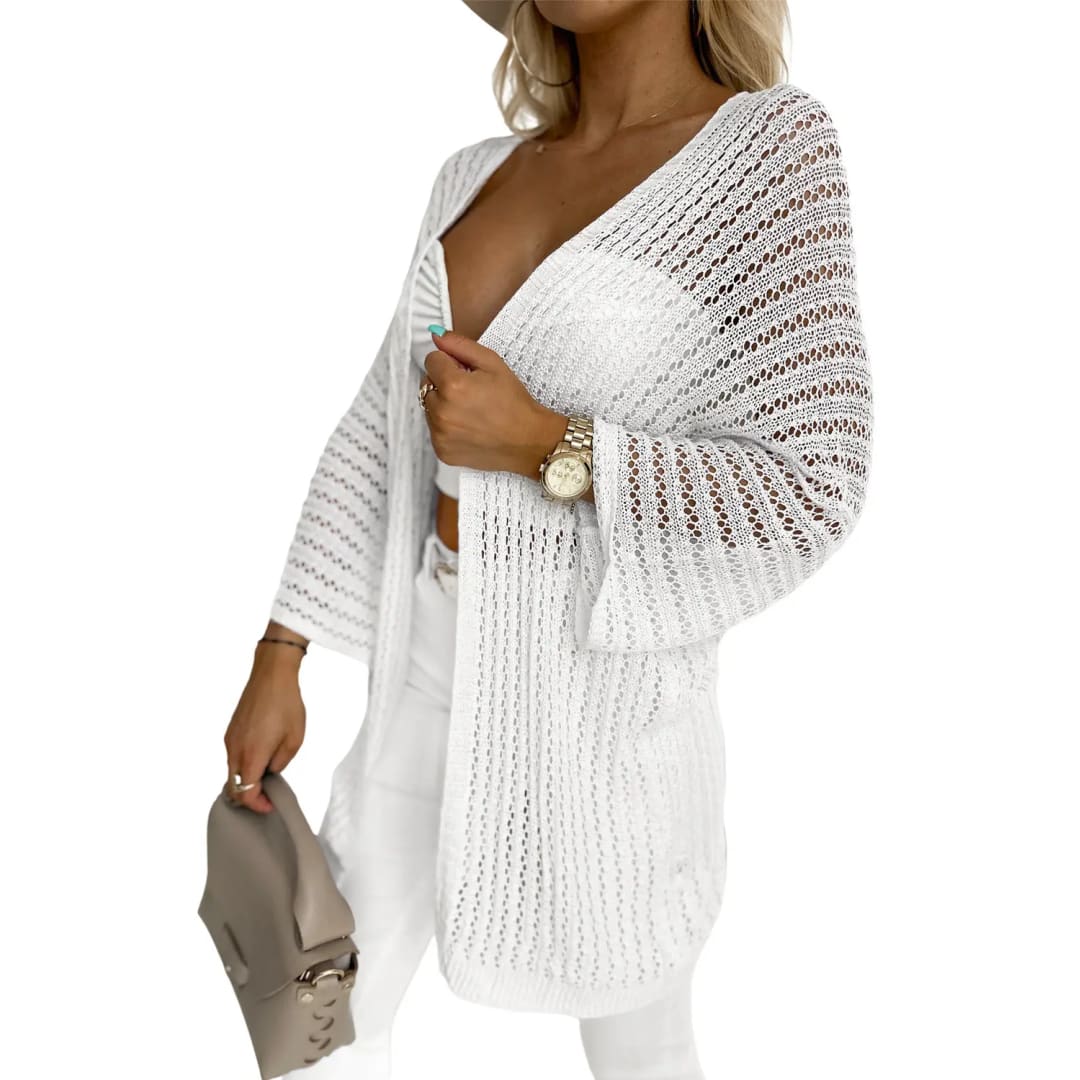 White Hollow-out Knit Kimono Lightweight Cardigan | Fashionfitz