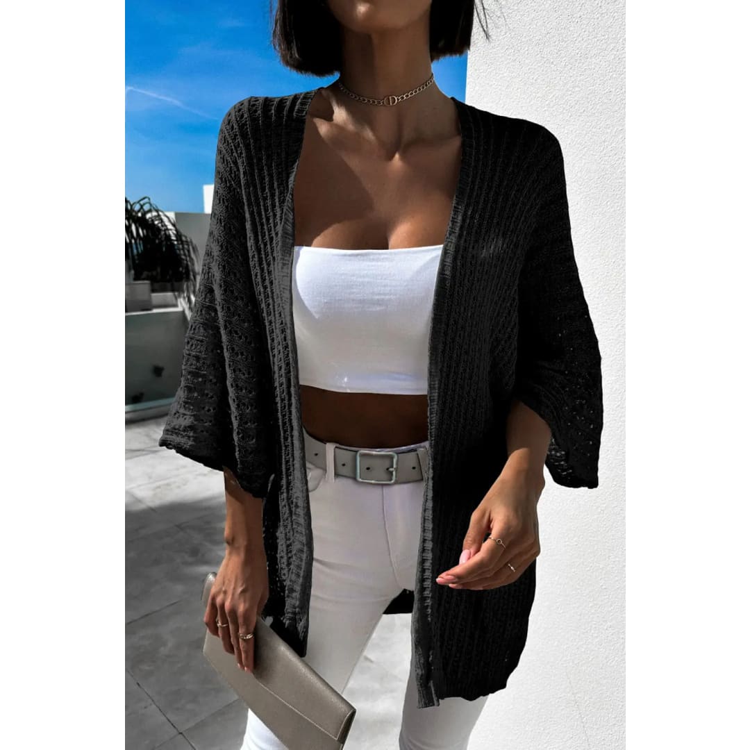 White Hollow-out Knit Kimono Lightweight Cardigan | Fashionfitz