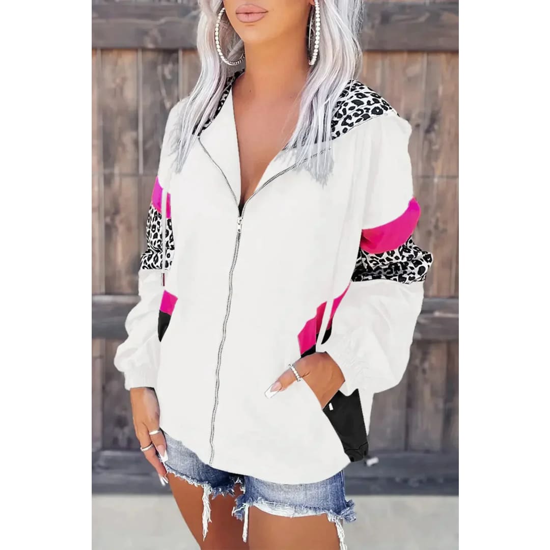 White Leopard Color Block Pockets Zip-up Hooded Jacket | Fashionfitz