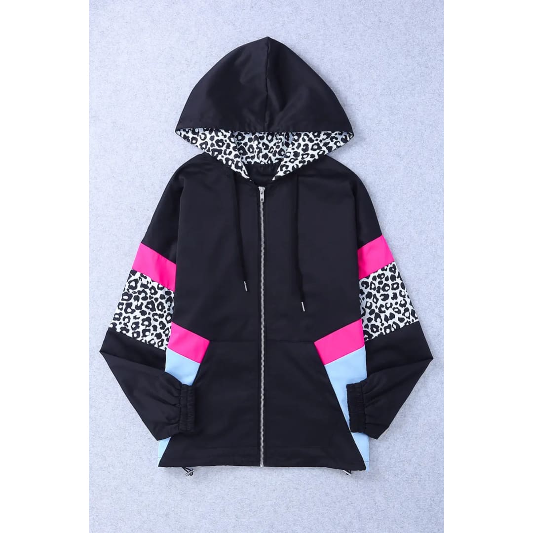 White Leopard Color Block Pockets Zip-up Hooded Jacket | Fashionfitz