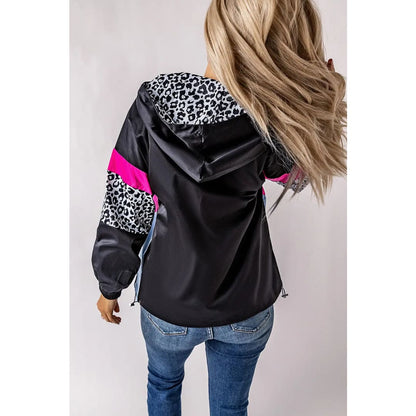 White Leopard Color Block Pockets Zip-up Hooded Jacket | Fashionfitz